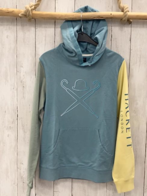 Hackett  Pullover  Gr. 158/164  hellblau Kapuze + Bauchtasche gelb/mint Ärmel 