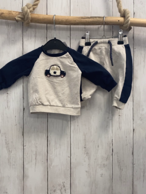 2tlg H&M  Pullover + Leggings  Gr. 56  beige blaue Ärmel Auto + beige blaue Seitenstreifen 
