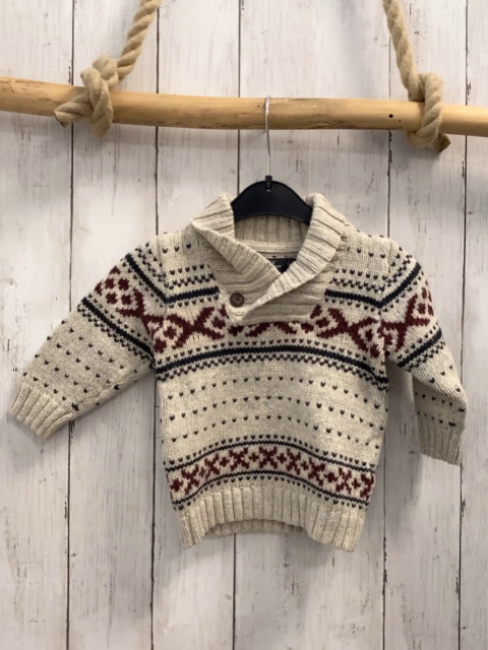 H&M  Pullover  Gr. 74  hellgrau oliv weinrotes Muster Strick großer Kragen 