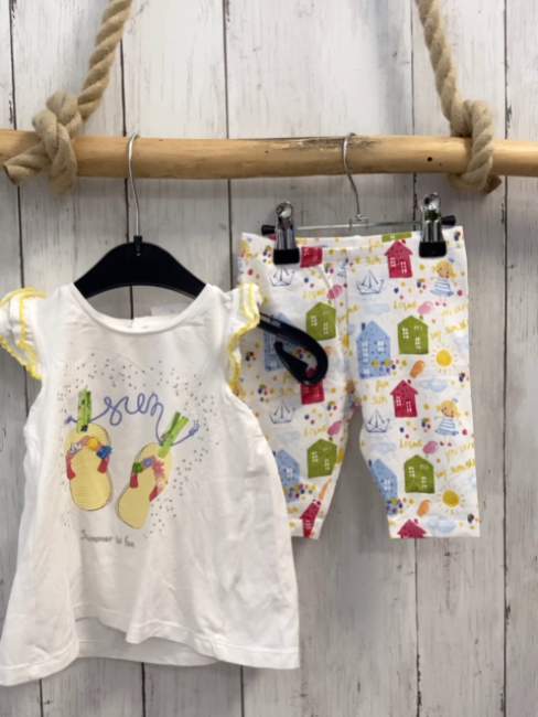 2tlg Mayoral  Top + Radler  Gr. 80  weiß Flip Flops Häuse Kinder gelb umhäkelt 