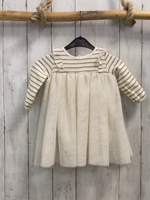 Petit Bateau  Kleid  Gr. 74  weiß golden gestreiftes Oberteil Tüllüberrock mit goldenen Glitzerpunkten 