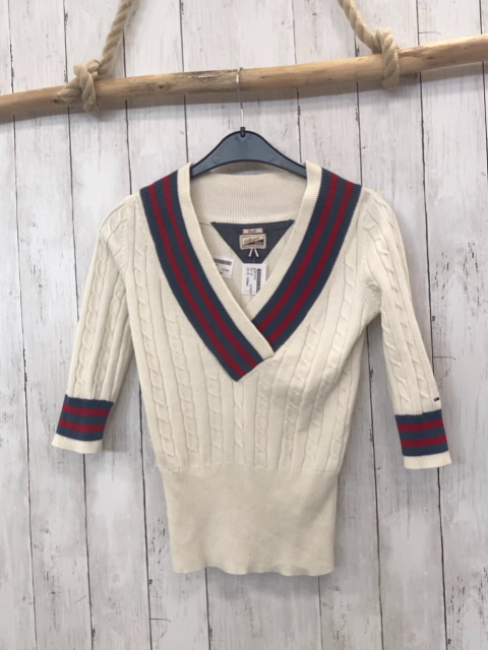 Hilfiger Pullover weiß Strick Zöpfe blau roter Bund