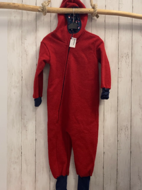   Walkoverall Gr. 110  rot Schurwolle Kapuze blaues Futter mit Pilzen 