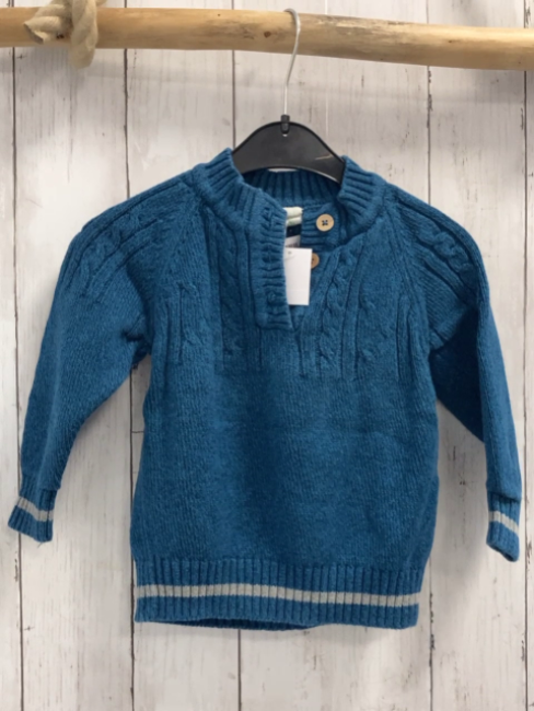 Alana  Pullover  Gr. 98  petrol meliert Strick Knopfleister hellgrauer Streifenbund 