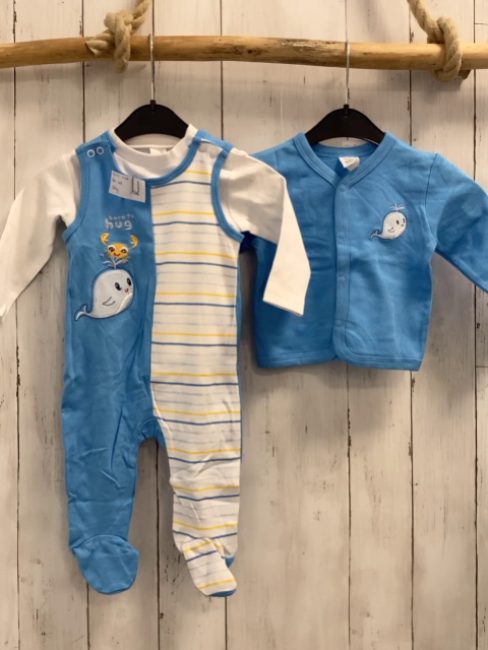 3tlg Langarmshirt + Strampler + Sweatjacke Gr. 68  weiß + blau weiß gelb blaue Streifen + blau