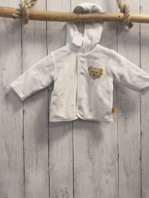 Steiff  Nickyjacke  Gr. 56  weiß graue Bärenköpfe Kapuze + Plüschbärenkopf 