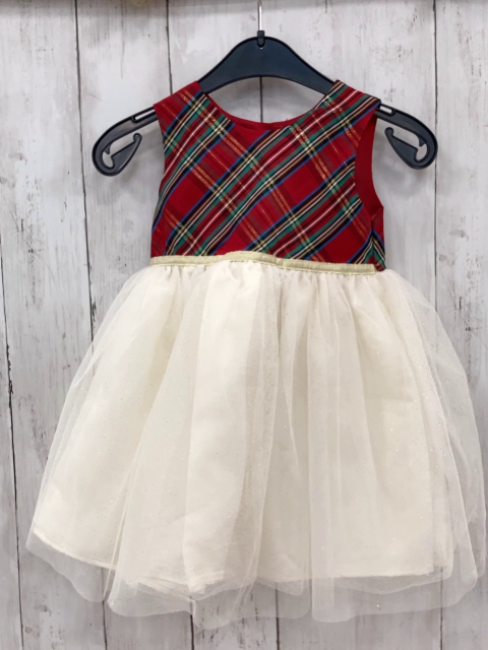  Kleid Gr. 92  rot grün gelb kariertes Oberteil weißer Tüllrock mit Glitzerpunkten