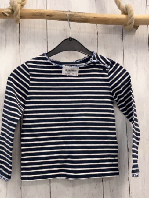 Cyrillus  Pullover  Gr. 116  blau weiße Streifen weißer Rüschenbund mit hellblauen Blumen 