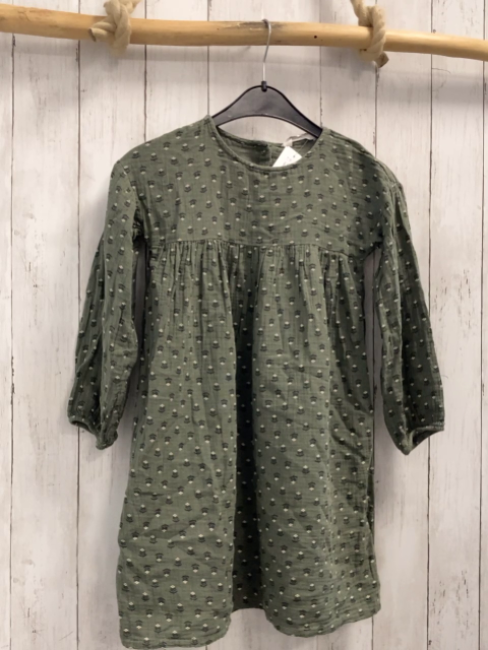 H&M  Kleid  Gr. 128  kiwi Struktur beige schwarze Blumen 