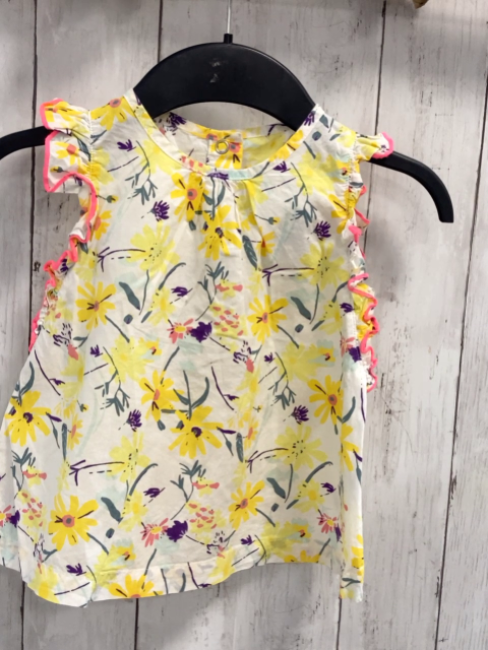 Petit Bateau  Sommerbluse  Gr. 92  weiß gelb lila rosa Blumen Rüschenbund 