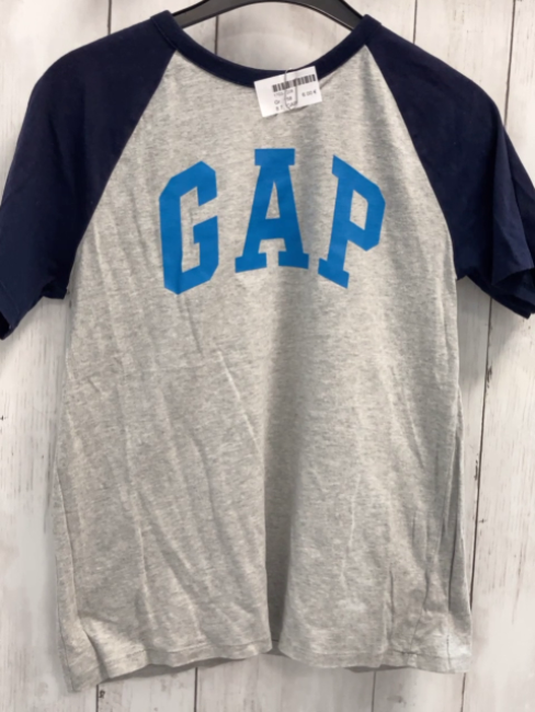 GAP  T-Shirt  Gr. 152  grau dunkelblaue Ärmel + Bund helllaue Schrift 