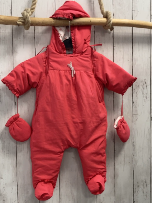 2tlg Jacadi  Winteroverall mit Handschuhen  Gr. 68  pink Rüschenbund weißes Futter mit Blumen + Punkten 