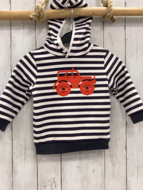   Pullover  Gr. 92  grau weiße Streifen Kapuze roter Jeep