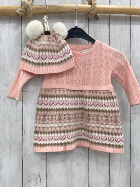 2tlg Adrienne Vittadini  Kleid + Mütze  Gr. 74  rosa Strick + Muster Mütze mit 2 weißen Fellbommeln 