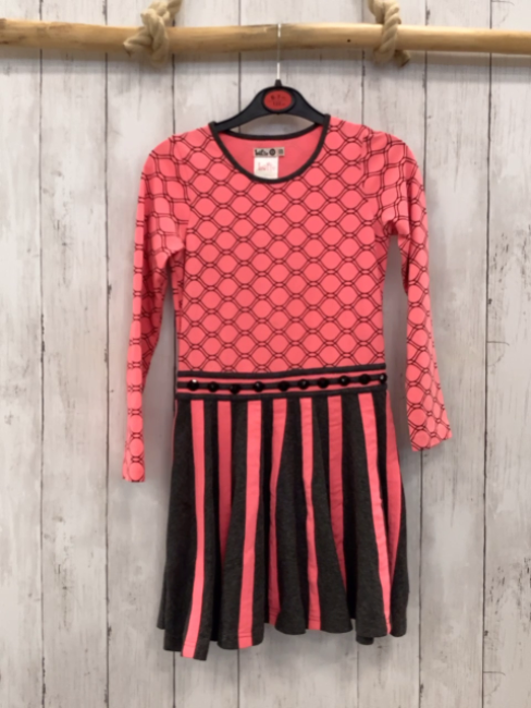 Lofts  Kleid  Gr. 122/128  neonrot graues Muster + graue Streifen schwarze Steine im Gürtelbereich