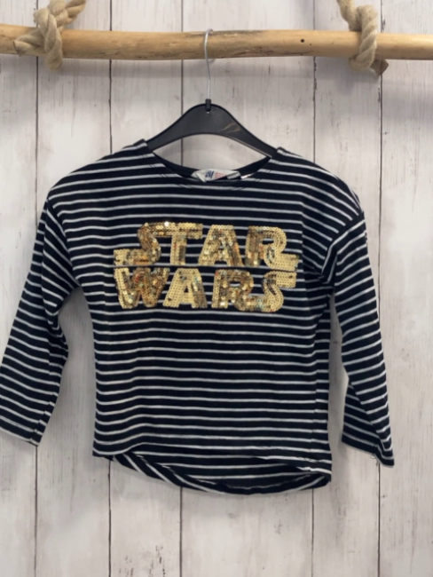 H&M  Langarmshirt  Gr. 110  schwarz hellgraue Streifen goldene Pailettenschrift Star Wars