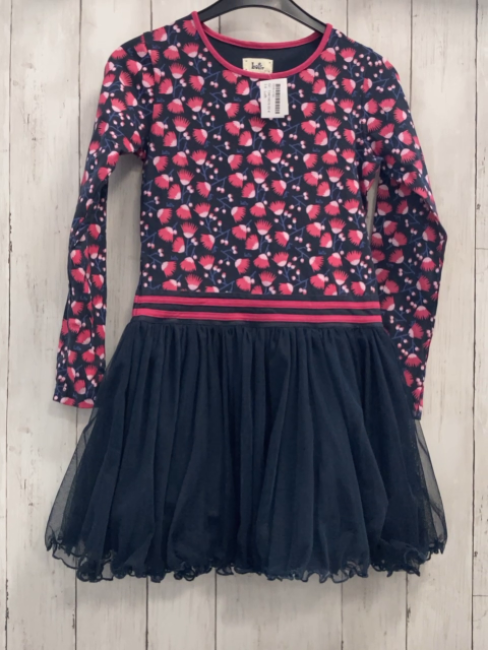 Lofft  Kleid Gr. 134/140  blaues Oberteil mit pink rosa Blumen lila Stengeln Tüllüberrok 
