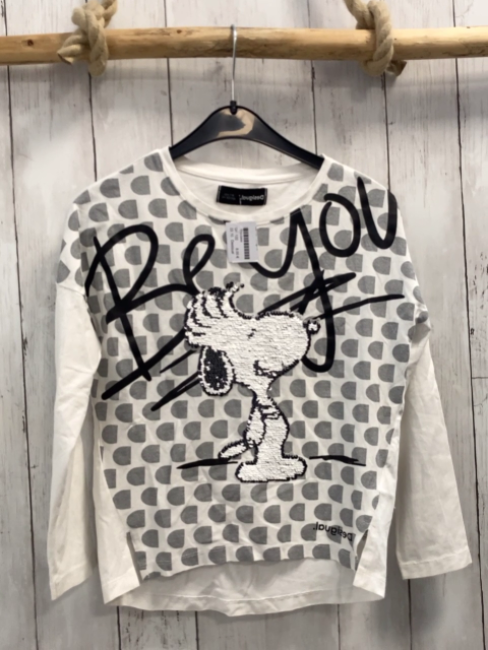 Desigual Langarmshirt Gr. 122  weiß grau schwarze + Pailettenschrift