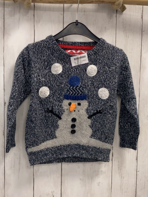  Pullover Gr. 98  blau weiß meliert Schneemann Strick