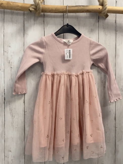 H&M  Kleid  Gr. 98  rosa geripptes Oberteil Tüllüberrock mit Glitzerkirschen 