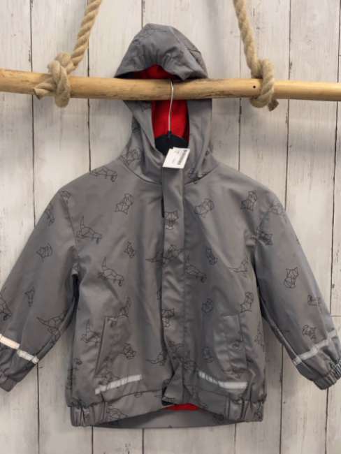   Regenjacke  Gr. 92  hellgrau gummiert graue Dinos rotes Fleecefutter 