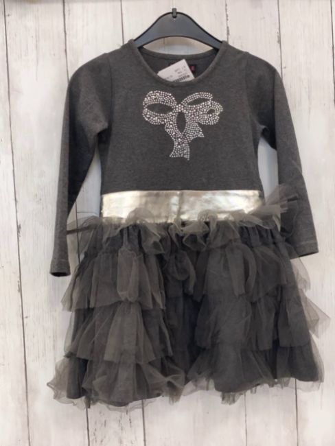 Lofft  Kleid Gr. 104  graues Oberteil mit silber Steinen silber Taillenbereich Tüllrüschenrock 