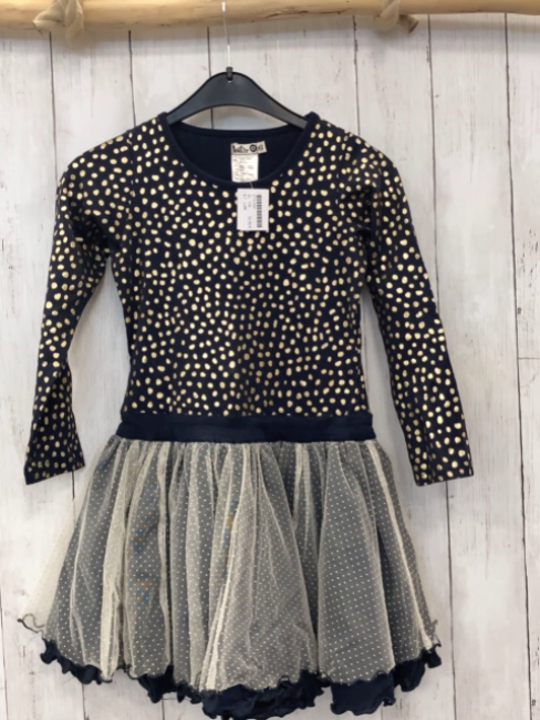 Lofft  Kleid Gr. 116  blaues Oberteil mit goldenen Punkten transparenter Überrock mit goldenen Punkten 