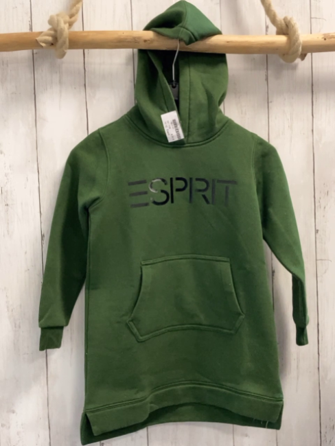 Esprit  Kleid  Gr. 116  oliv Kapuze schwarze glänzende Schrift 