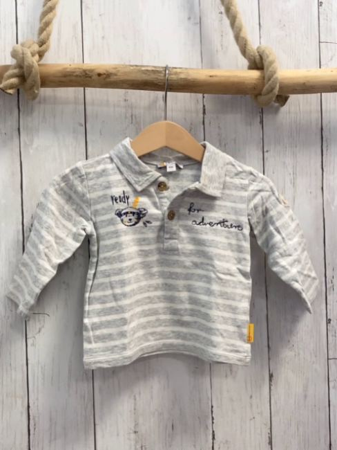 Steiff  Langarmshirt  Gr. 68  hellgrau weiße Streifen Bärenkopf Schrift Polokraen 