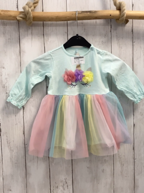   Kleid  Gr. 74  hellblaues Oberteil mit Einhorngesicht bunter Tüllüberrock