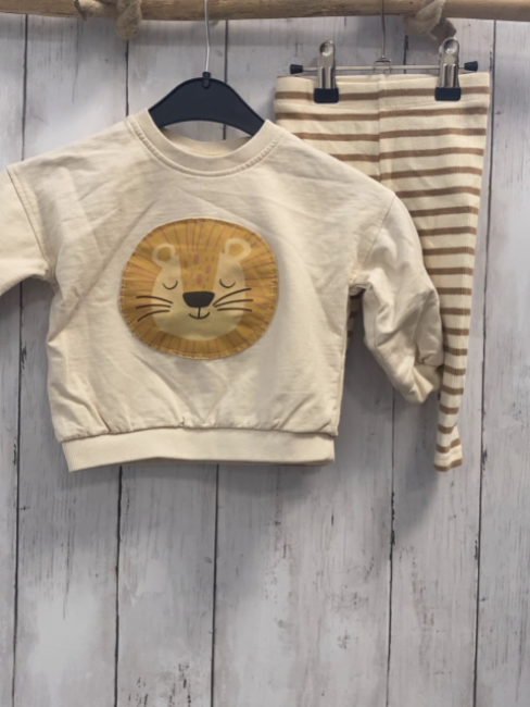 2tlg  Pullover + Leggings  Gr. 74  beige Löwenkopf + beige braune Streifen Rippen 