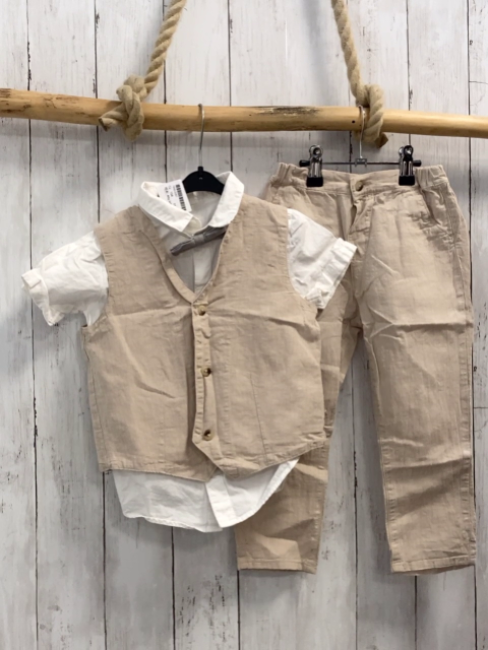 4tlg H&M  Sommerhemd Weste Hose Fliege  Gr. 104  weiß beige hellgrau 