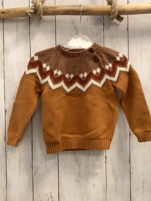 Alana  Pullover  Gr. 92  ocker hellbraun + weiß ost Zackenstreifen Strick