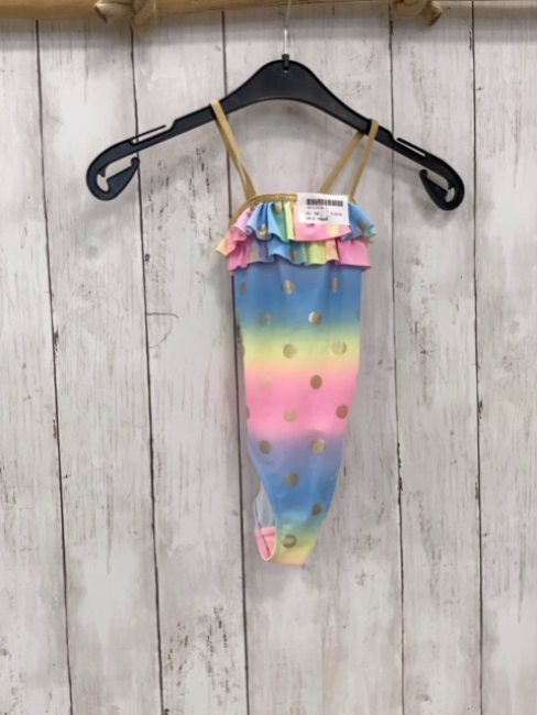 H&M  Badeanzug  Gr. 98  hellblau gelb rosa hellgrüne Streifen Rüschen golene glänzende Punkte 