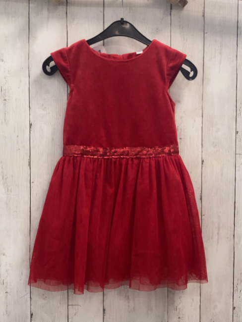 Okaidi  Kleid  Gr. 116  rotes Nickyoberteil Pailettengürtelband Tüllüberkleid mit Gitzerpunkten  