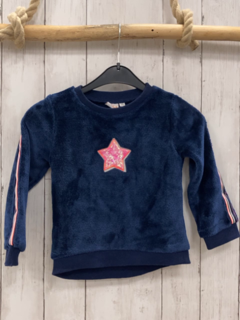 Top  Pullover  Gr. 98  blau Plüsch Streifen am Ärmel + Pailettenstern