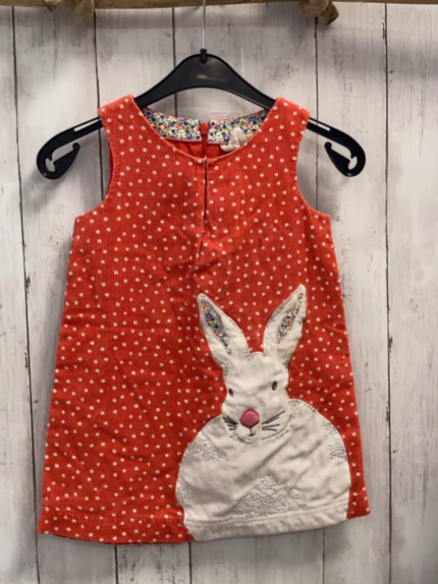Mini Boden  Kleid  Gr. 98  hellrot Kord weiße Punkte Hase mit Pailetten 
