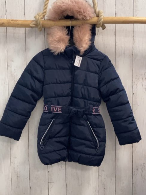 S´Oliver  Winterjacke  Gr. 116  blau Kapuze mit abtrennbrem Fellbund Gürtel mit rosa GLitzerschrift 