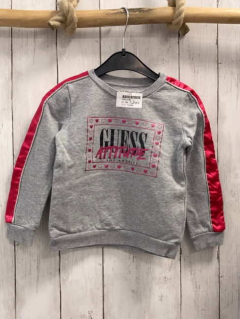 Guess  Pullover  Gr. 98  grau Schrift mit Glitzer pink Streifen an den Ärmeln 