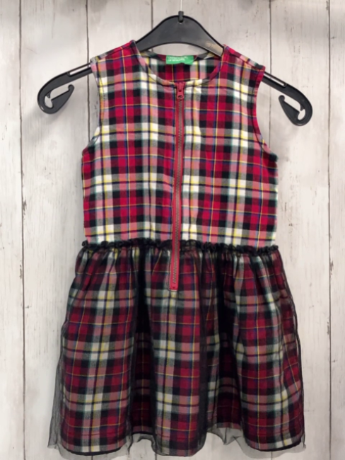 Benetton  Kleid  Gr. 98  pink schwarz türkis gelb weiß kariert schwarzer Netzüberrock