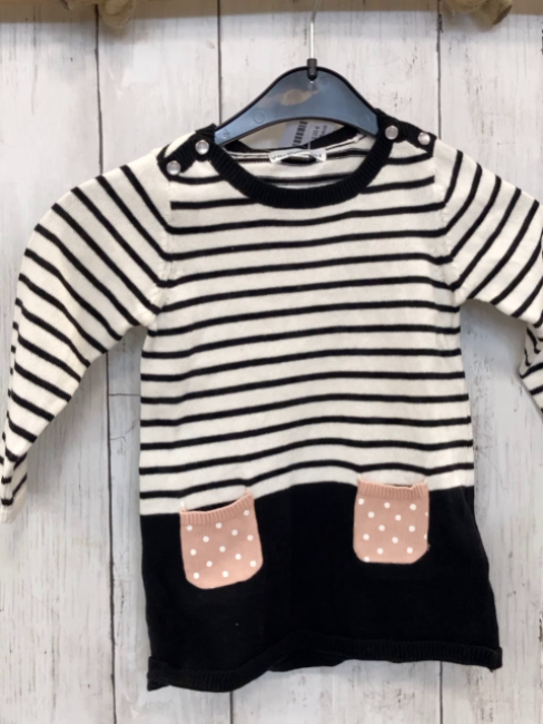 neu Vertbaudet  Kleid  Gr. 80  weiß schwarz gestreiftes Oberteil schwarzer Rock Strick 