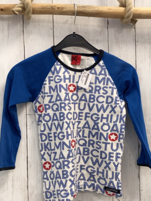 VillerValla  Langarmshirt  Gr. 110  weiß blau mit Schrift schwarzer Bund
