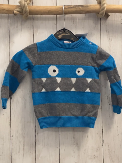 Orsolino  Pullover  Gr. 86  grau blaue Streifen Strick Augen + Zähne 