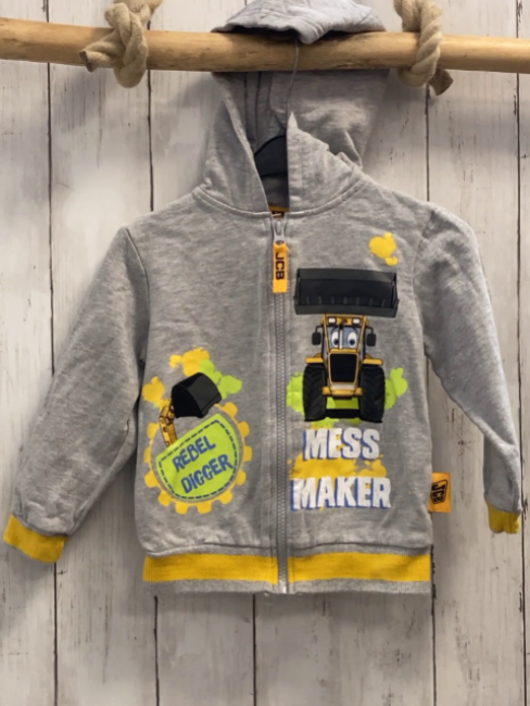   Sweatjacke  Gr. 86  hellgrau Kapuze Bagger Schrift gelber Bund 