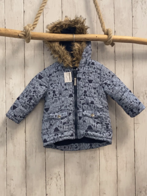 Lullaby  Jacke  Gr. 80  hellblau blaue Tiere Berge Kapuze mit Fellbund blaues Fleecefutter 