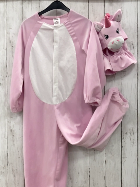 2tlg  Karnevalkostüm Gr. 116  rosa weißer Plüschoveall + Mütze Einhorn 