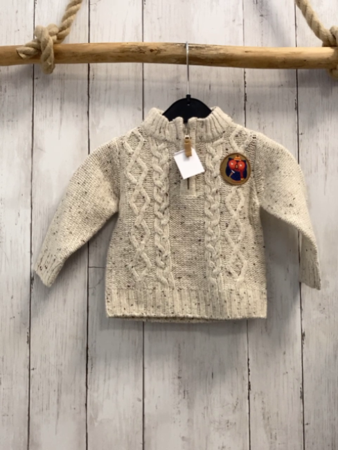   Pullover  Gr. 80  beige meliert Strick Reißverschluss Zöpfe Eule 