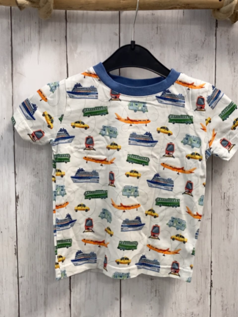 Alana  T-Shirt  Gr. 92  weiß bunte Fahrzeuge hellblauer Bund 